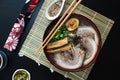 Japanese tonkotsu ramen, pork bone broth noodles top view