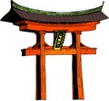 Japanese torii, ritual gate of the Shinto religion on white background drawn by ink. Japanese culture, Buddhism, religious