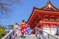 Japanese tourists and foreigners put on a dress yukata for visit the atmosphere inside the Kiyomizu-dera temple. Japan during Royalty Free Stock Photo