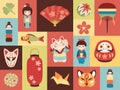 Japanese toys. Asian cultural elements. Mini banners with national items. Lucky symbols. Kokeshi dolls. Maneki cats and