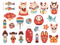 Japanese toys. National cultural lucky items, asian fortune symbols, daruma, maneki cat and kokeshi dolls, traditional
