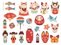 Japanese toys. National cultural lucky items, asian fortune symbols, daruma, maneki cat and kokeshi dolls, traditional masks and