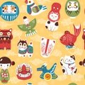 Japanese toys pattern. Lucky and fortune items maneki cat recent vector seamless background