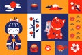 Japanese toys. Traditional symbols. Oriental souvenirs. Maneki neko cat. Money fish. Kokeshi and daruma. Asian culture Royalty Free Stock Photo