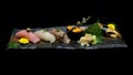 Japanese tradition food. Exclusive premium Sushi set on wooden plate