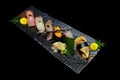 Japanese tradition food. Exclusive premium Sushi set on wooden plate Royalty Free Stock Photo