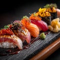 Japanese Traditional Assorted Sushi rolls on a dark slate Platter Royalty Free Stock Photo