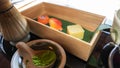 Japanese traditional confectionery wagashi and mocha tea Royalty Free Stock Photo