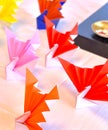 Japanese traditional cranes rainbow colourful