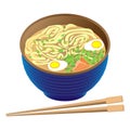Japanese traditional food ramen soup in deep bowl and sticks