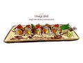 Japanese traditional food, Unagi roll sushi. Hand draw sketch vector.