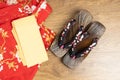 Japanese traditional geta sandal and traditional clothes of Kimono, Yukata on wooden floor