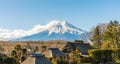 Japanese traditional house at Oshino Hakkai village with Mount Fuji in background Royalty Free Stock Photo