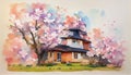 Japanese traditional landscape with Japanese house and sakura cherry tree in blossom, digital illustration in watercolor style Royalty Free Stock Photo