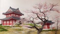 Japanese traditional landscape with Japanese house and sakura cherry tree in blossom, digital illustration in watercolor style Royalty Free Stock Photo