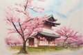 Japanese traditional landscape with Japanese house and sakura cherry tree in blossom, digital illustration in watercolor style Royalty Free Stock Photo