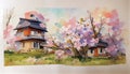 Japanese traditional landscape with Japanese house and sakura cherry tree in blossom, digital illustration in watercolor style Royalty Free Stock Photo