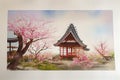 Japanese traditional landscape with Japanese house and sakura cherry tree in blossom, digital illustration in watercolor style Royalty Free Stock Photo