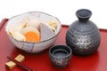 Japanese sake cup and bottle Royalty Free Stock Photo