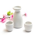 Japanese traditional sake cups and bottle with sakura Royalty Free Stock Photo