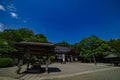 A Japanese traditional temple JINDAIJI at the old fashioned street in Tokyo wide shot Royalty Free Stock Photo