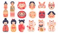 Japanese traditional toys. Daruma, kokeshi dolls, maneki neko lucky cat and mask from Japan. Cute cartoon asian culture symbols