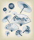 Japanese traditional vector illustration set umbrellas and funs design elements Royalty Free Stock Photo