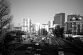 Japanese traffic in autumn. City street of Tokyo Japan in harajuku area. Black and White. December 19,2017 Tokyo, Japan.