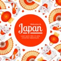 Japanese travel square banner with round red frame for text in center. Vector touristic Japan background.