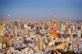 Japanese Traveling Destinations. Amazing Breathtaking Tokyo Skyline at Blue Hour in Japan with Tokyo Tower in Foreground