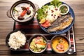Japanese tray meal with fried fish rice and soup in asian restaurant Royalty Free Stock Photo
