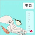 Japanese ukio-e poster for sushi bar of fishes and octopus for seafood isolated on white background vector illustration