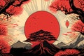 Japanese ukiyo-e, landscapes, art prints. AI Generation. Mountains clouds and trees with red sun