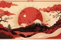 Japanese ukiyo-e, landscapes, art prints. AI Generation Mountains clouds and trees with red sun