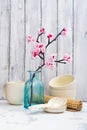 Japanese utensils, dinnerware, chopsticks and branch of blooming sakura on white asian background Royalty Free Stock Photo