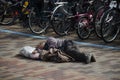 Japanese vagabond people sleeping on floor in public park in morning time at shinjuku