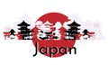 Japanese vector horizontal banner on a white background. National architecture, trees, weather and tori