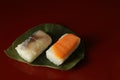 Japanese vinegar sushi on persimmon leaf Royalty Free Stock Photo