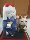 Japanese vintage doll in Kimono with Lucky fortune cat