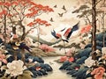 Japanese Vintage Forest Lake: Serene Heron Bird Landscape Drawing Wallpaper.