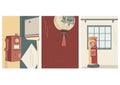 Japanese vintage poster design. Telephone, lantern, post mail box elements. Asian background vector.