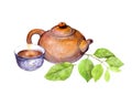 Japanese vintage teapot, tea cup and green leaves. Watercolor