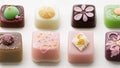 Japanese wagashi confections come in a variety of shapes and colors.