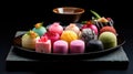 Japanese wagashi traditional sweets on a lacquered tray. The colorful confections. A healthy dessert made from natural