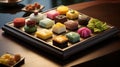 Japanese wagashi traditional sweets on lacquered tray. The colorful confections. A healthy dessert made from natural