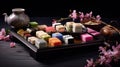 Japanese wagashi traditional sweets on lacquered tray. The colorful confections. Healthy dessert made from natural