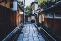 Japanese walk way in Gion town old traditional wooden home district alley  quiet calm travel place in Kyoto Japan Royalty Free Stock Photo