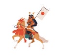 Japanese warrior, horse rider. Horsemen, armored equine soldier of Japan history. Historical Asian equestrian on