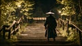 Terrifying ronin stands in the forest at night. Shogun stands with katana sword with moon view footage