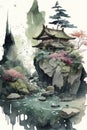 Japanese Watercolor Landscape with a Magical Garden Vibe for Invitations and Posters.